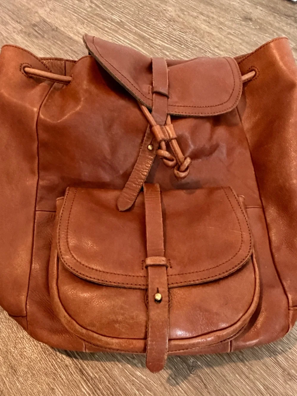Madewell Cognac Brown Leather Drawstring Backpack Rucksack Boho Minimalist